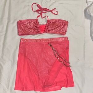 Two-piece pink rave set. Skirt and top.